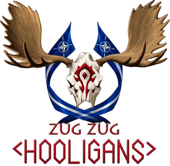 HOOLIGANS crest: a moose skull with antlers between two blue banners, above the words ZUG ZUG HOOLIGANS